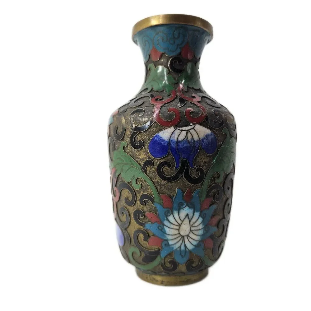 Vintage Chinese Cloisonné Miniature Vase Floral Enamel Bronze Art Small